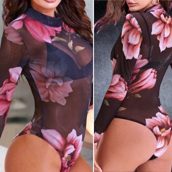 Bodysuit l Long-Sleeve l Black, Black trim, Floral Print l Sheer l New - Picture 8 of 8